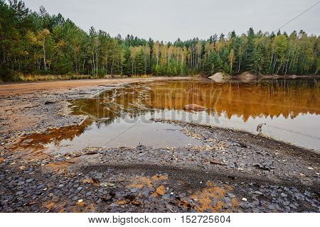 Colorful lake in the former open-cast mine in Leknica