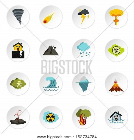Natural disaster icons set. Flat illustration of 16 natural disaster vector icons for web