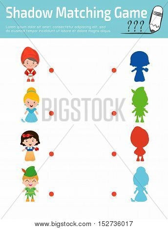 Shadow Matching Game for kids, Visual game for child . Connect the dots picture,Education Vector Illustration. kids wearing story costumes