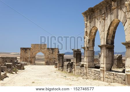 Ruins of city Volubilis, Roman city, Morocco, ancient capital of the kingdom of Mauretania.
