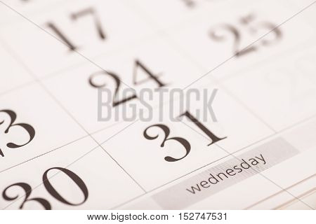Calendar- Wednesday january numbers close up  .