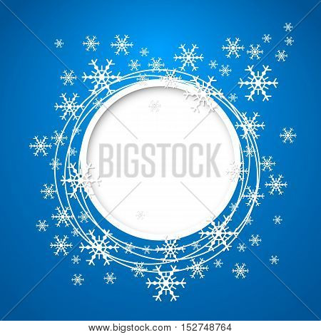Vector christmas blue greeting card with round place for text and snowflakes.