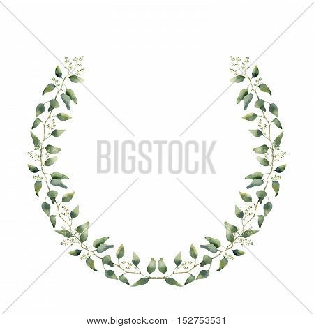 Watercolor floral wreath with eucalyptus leaves. Hand painted floral wreath with branches, leaves of eucalyptus isolated on white background. For design or background.