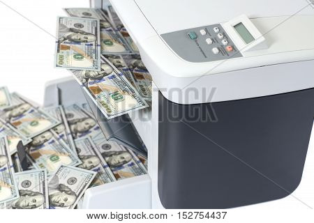 Printer printing dollar bills isolated on white background
