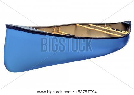 blue tandem canoe with wood seats isolated on white with a clipping path