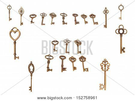 Vintage Golden Keys On White Background .