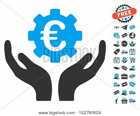 Euro Maintenance Hands icon with free bonus clip art. Vector illustration style is flat iconic symbols, blue and gray colors, white background.