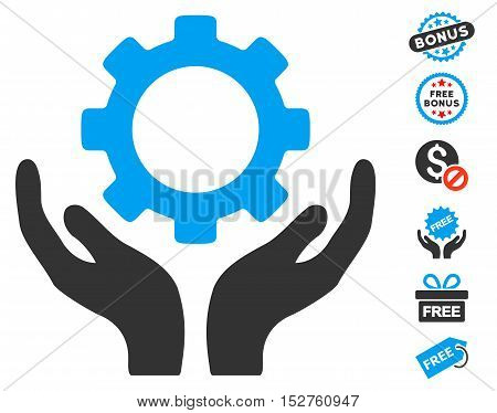 Gear Maintenance Hands icon with free bonus pictograph collection. Vector illustration style is flat iconic symbols, blue and gray colors, white background.