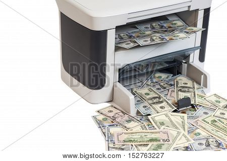 Printer printing fake dollar bills isolated on white background