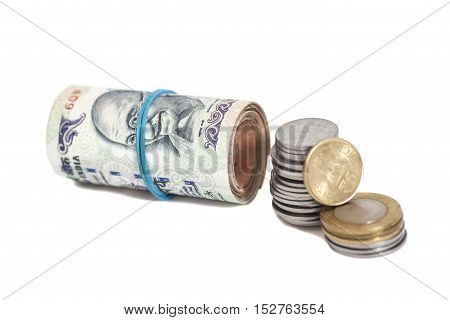 Roll of Indian Currency Rupees Notes and Coins