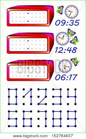 Educational page for young children. Need to join the points with straight lines and write the correct time on the watches. Developing skills for counting and writing. Vector cartoon image.