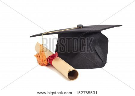 Graduation Hat and Diploma Isolated on White Background