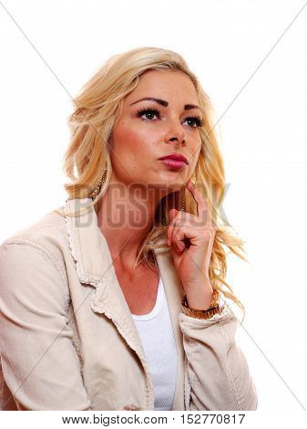 A attractive blond caucasian woman is in deep thought.