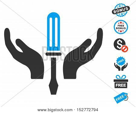 Tuning Screwdriver Maintenance icon with free bonus images. Vector illustration style is flat iconic symbols, blue and gray colors, white background.
