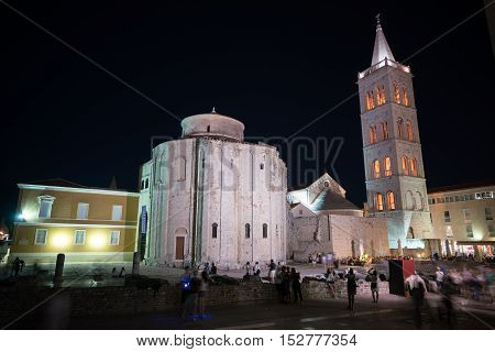 Zadar, Croatia - July 19, 2016: night view of the Roman Forum and Church of St. Donatus in old city Zadar.