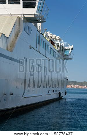 Zadar, Croatia - July 20, 2016: Jadrolinija ferry boat in Gazenica port in Zadar, Croatia. Car ferry boats linking the islands to mainland