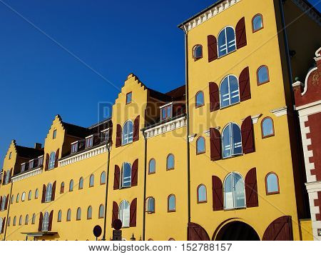 Colorful old traditional style city urban houses Svendborg Funen Denmark