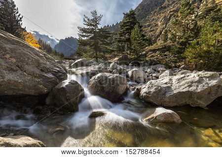 Waterfalls In The Mountains Of Restonica Valley In Corsica