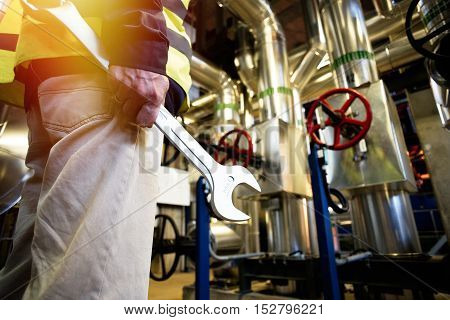 Industrial Worker With Spanner At Factory Workshop