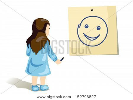 little girl drawing smile on sticker isolated