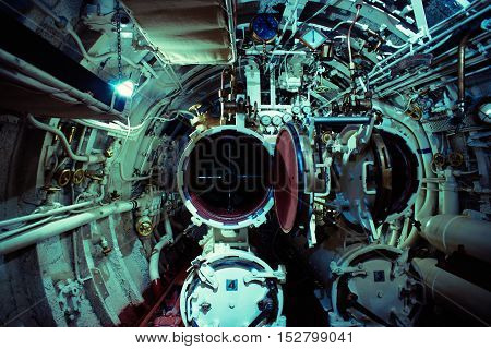 Detailed View Of Torpedo Room In Submarine