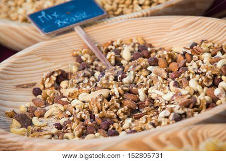 Varieties of nuts: kashew hazelnuts walnuts pistachio and pecans. Food and cuisine