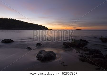 Pre sunrise long exposure of Sand Beach in Acadia National Park