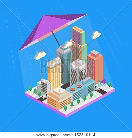 Vector Isometric icon. Skyscrapers and buildings. Its rain