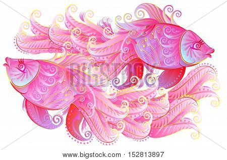 Illustration of couple of beautiful pink fishes playing, vector cartoon image.