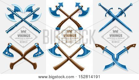 Medieval weapon of ancient Scandinavian vikings. Axe. Hache and sword. Iron armor vector illustration set