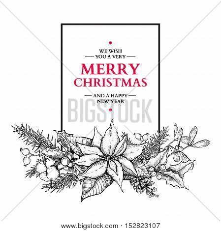 Christmas garland. Vector hand drawn illustration with holly, mistletoe, poinsettia, pine cone, cotton, fir tree. Engraved traditional xmas botanical decoration. Greeting card, holiday banner