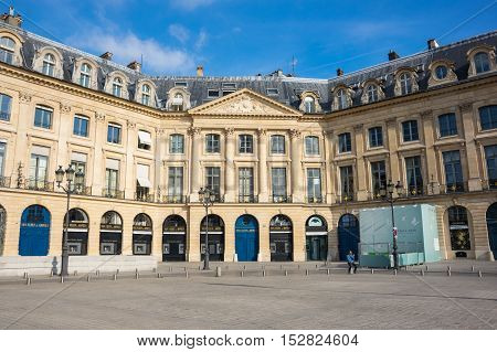 PARIS FRANCE - OCTOBER 11 2015: Place Vendome with its historical buildings and shops in the centre of Paris the capital and most visited city of France