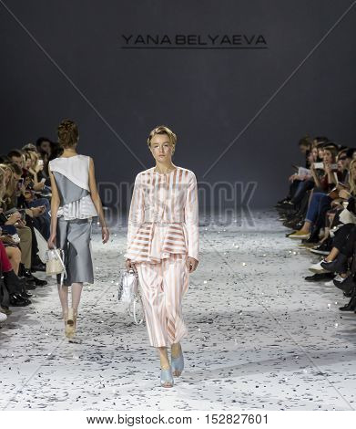 KYIV, UKRAINE - OCTOBER 13, 2016: Models walk the runway at Yana Belyaeva collection show during the 39th Ukrainian Fashion Week at Mystetsky Arsenal in Kyiv