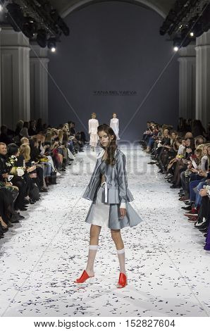 KYIV, UKRAINE - OCTOBER 13, 2016: Model walks the runway at Yana Belyaeva collection show during the 39th Ukrainian Fashion Week at Mystetsky Arsenal in Kyiv