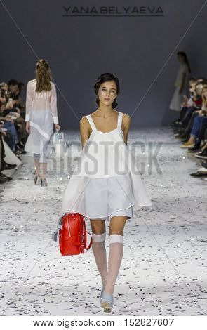 KYIV, UKRAINE - OCTOBER 13, 2016: Models walk the runway at Yana Belyaeva collection show during the 39th Ukrainian Fashion Week at Mystetsky Arsenal in Kyiv