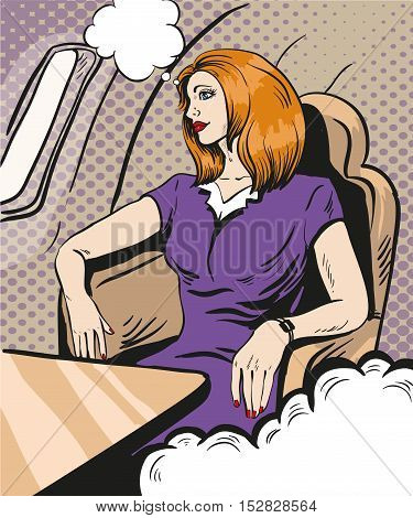 Girl siting and looking out the airplane window. Vector illustration in retro comic pop art style. Business class private jet.