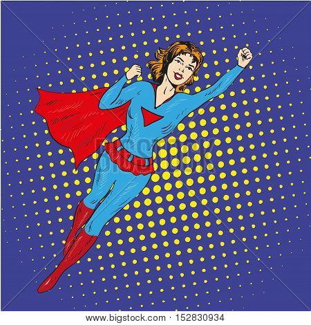 Super hero woman flying vector poster in comic retro pop art style.