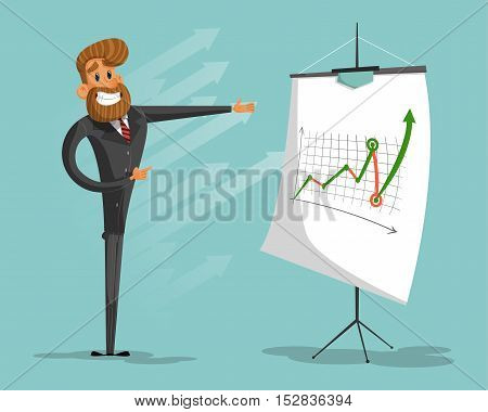 Happy businessman or manager brags success graph.