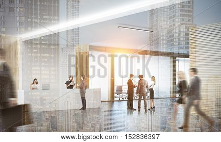Colleagues in lobby of office with reception counter and meeting room with glass doors. Concept of modern workspace. 3d rendering. Mock up. Toned image. Double exposure