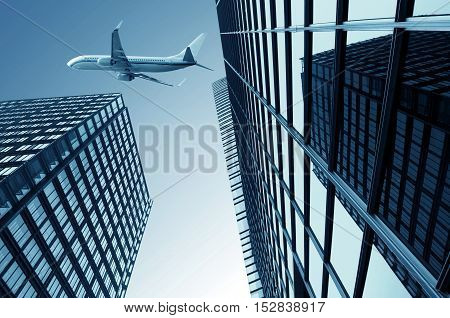 Shanghai Financial district of modern architecture skyscrapers and sky planes.
