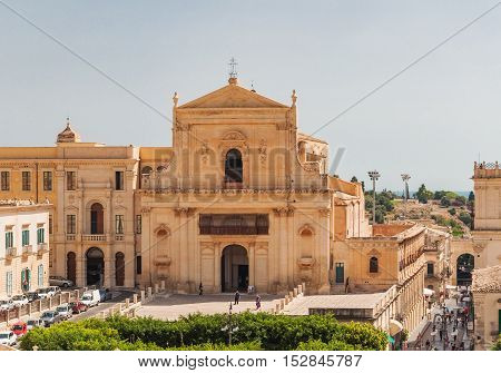 NOTO ITALY - SEPTEMBER 14 2015: The church of Santissima Salvatore in Noto in Sicily Italy. UNESCO World Heritage Site.