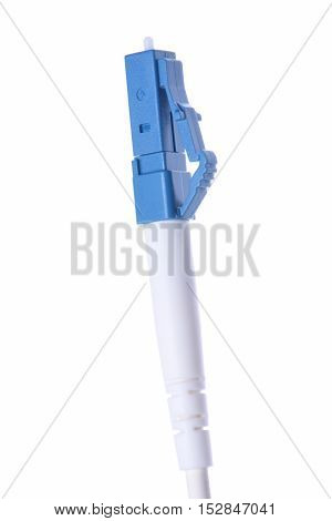 Close up of optical cable LC patch cord connector isolated on white background