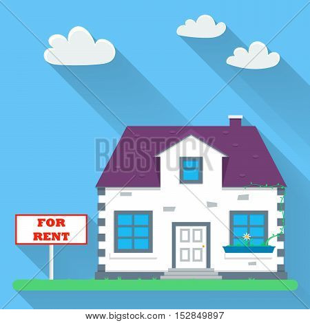 Flat real estate rental. House with a sign for rent. Vector illustration
