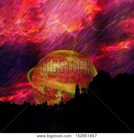 Landscape with dramatic red sky, lightnings, celestial body and silhouettes of trees. Unknown planet nearing a Earth