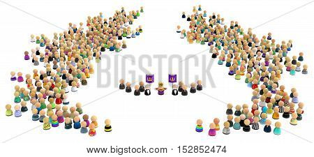 Crowd of small symbolic figures with king 3d illustration horizontal