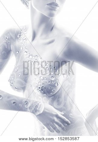 portrait of nude girl body painted on gray background