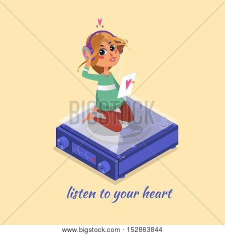 Girl listening to music. Listen to your heart. Vector illustration