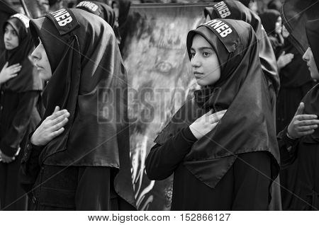 Istanbul Turkey - October 11 2016: Muslims worldwide marks Ashura Istanbul Shiite community. Turkish Shia Muslims mourning for Imam Hussain. Caferis take part in a mourning procession marking the day of Ashura in Istanbul's Kucukcekmece district Turkey on