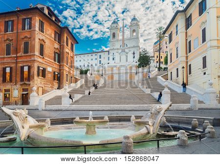 famous Spanish Steps with fountain, Rome, Italy