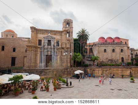 PALERMO ITALY - SEPTEMBER 7 2015: The church of Santa Maria dell'Ammiraglio commonly called the Martorana and San Cataldo in Palermo Sicily southern Italy.